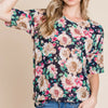 BOMBOM Floral Round Neck T-Shirt - Navy