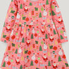 Children's Christmas Print Long Sleeve Dress - Coral