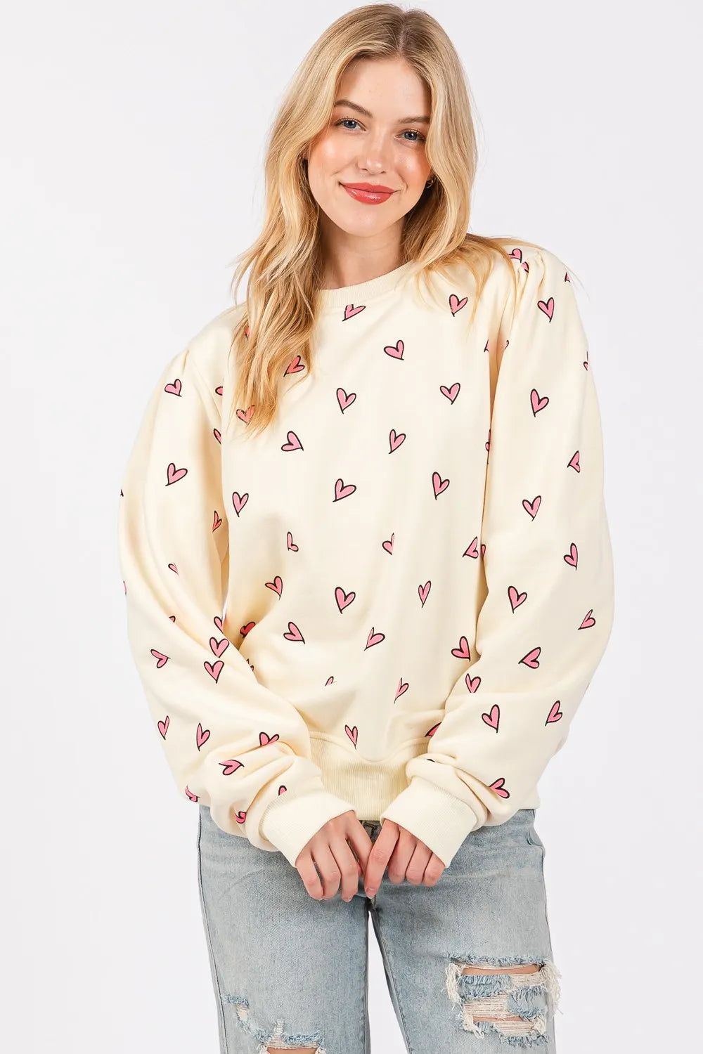 SAGE + FIG Heart Printed Contrast Long Sleeve Sweatshirt - Farnelli