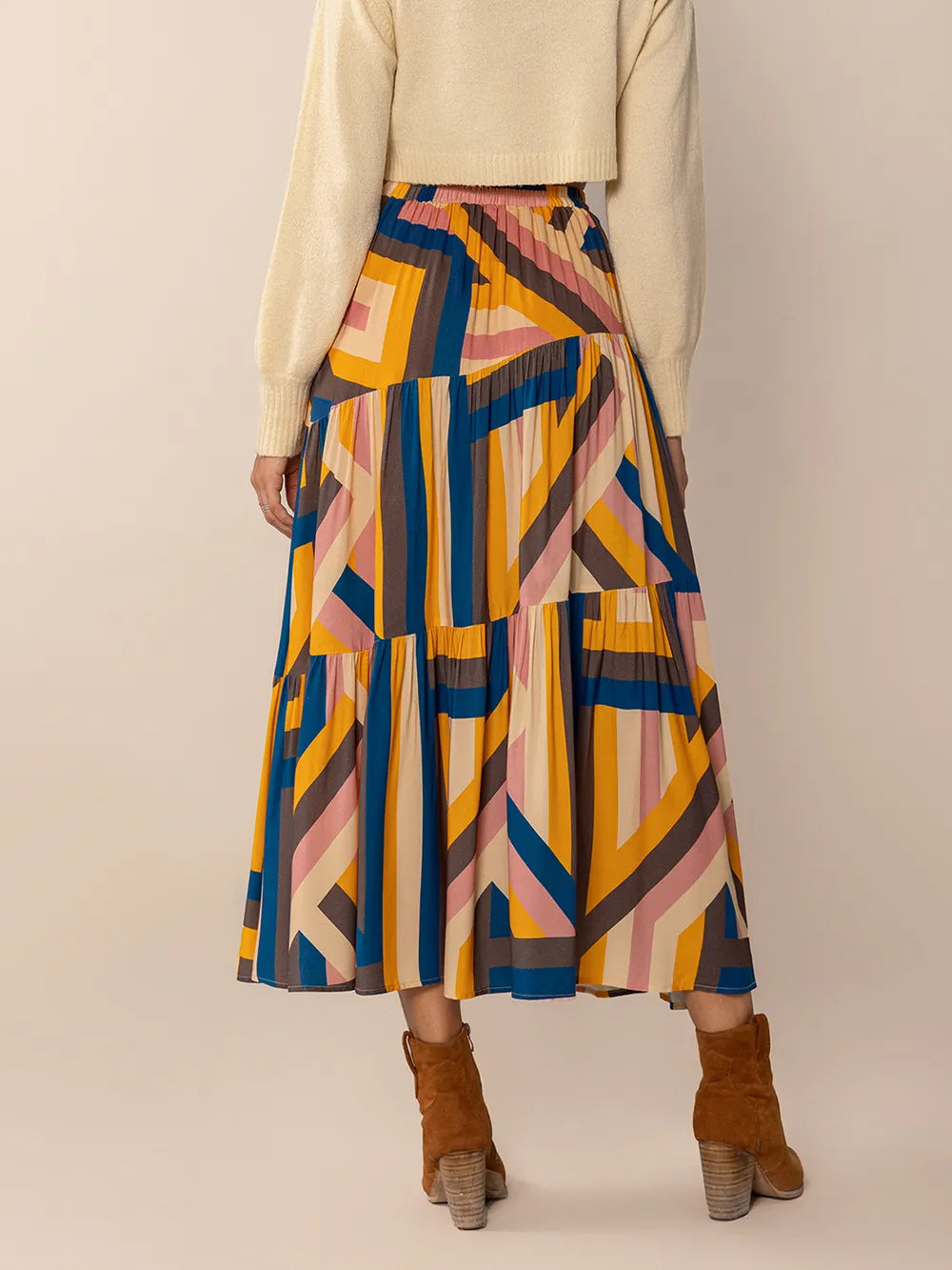 Ruched Elastic Waist Contrast Midi Skirt - Farnelli