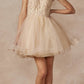 Juliet 881 Feather Straps Sheer Bodice Short A-line Tulle Dress