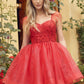 Juliet 881 Feather Straps Sheer Bodice Short A-line Tulle Dress