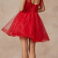 Juliet 881 Feather Straps Sheer Bodice Short A-line Tulle Dress