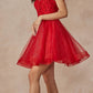 Juliet 881 Feather Straps Sheer Bodice Short A-line Tulle Dress