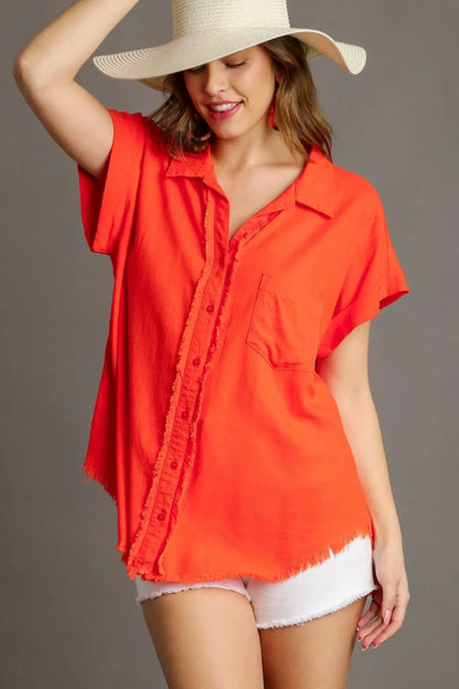 Umgee Full Size Linen Blend Button Down Short Folded Sleeve Shirt Plus Size - Farnelli
