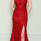 CLEARANCE - Poly USA | Ed Young 8872 V-Neck Floor Length Open Slit Sequin Dress (Size S)