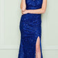 CLEARANCE - Poly USA | Ed Young 8872 V-Neck Floor Length Open Slit Sequin Dress (Size S)