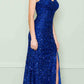 CLEARANCE - Poly USA | Ed Young 8872 V-Neck Floor Length Open Slit Sequin Dress (Size S)