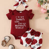 Children's Ruffled Bodysuit and Floral Shorts Set with Headband - Burgundy