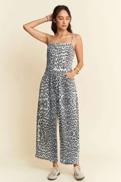 Davi & Dani Leopard Spaghetti Straps Wide Leg Jumpsuit - Farnelli
