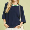 Umgee Ribbed Knit Top with Contrast Trim - NAVY