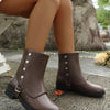 Buckle Block Heels Boots - Brown