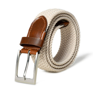 Cream and brown braided canvas leather belt from Classy Leather Bags, showing its woven design and sturdy leather details.