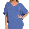 Zenana Raised Rib V-Neck Batwing Top - CLASSIC BLUE