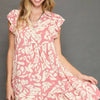 Umgee Full Size Two Tone Printed Ruffled Cap Sleeve Mini Dress Plus Size - Blush Pink