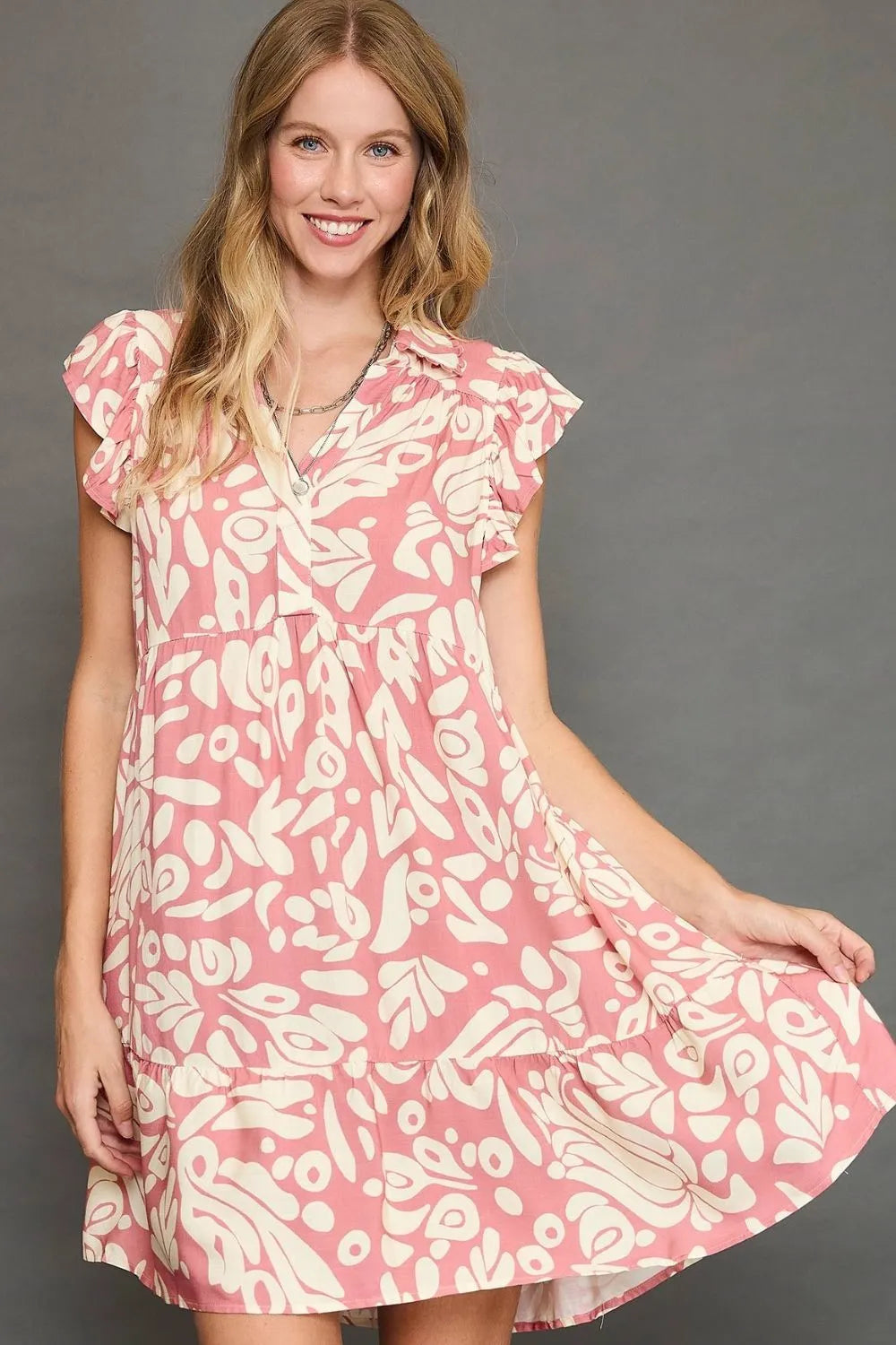 Umgee Full Size Two Tone Printed Ruffled Cap Sleeve Mini Dress Plus Size - Farnelli