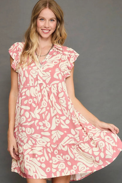 Umgee Full Size Two Tone Printed Ruffled Cap Sleeve Mini Dress Plus Size - Farnelli