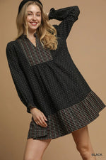 Umgee Polka Dot Plaid Trim Babydoll Dress - Farnelli