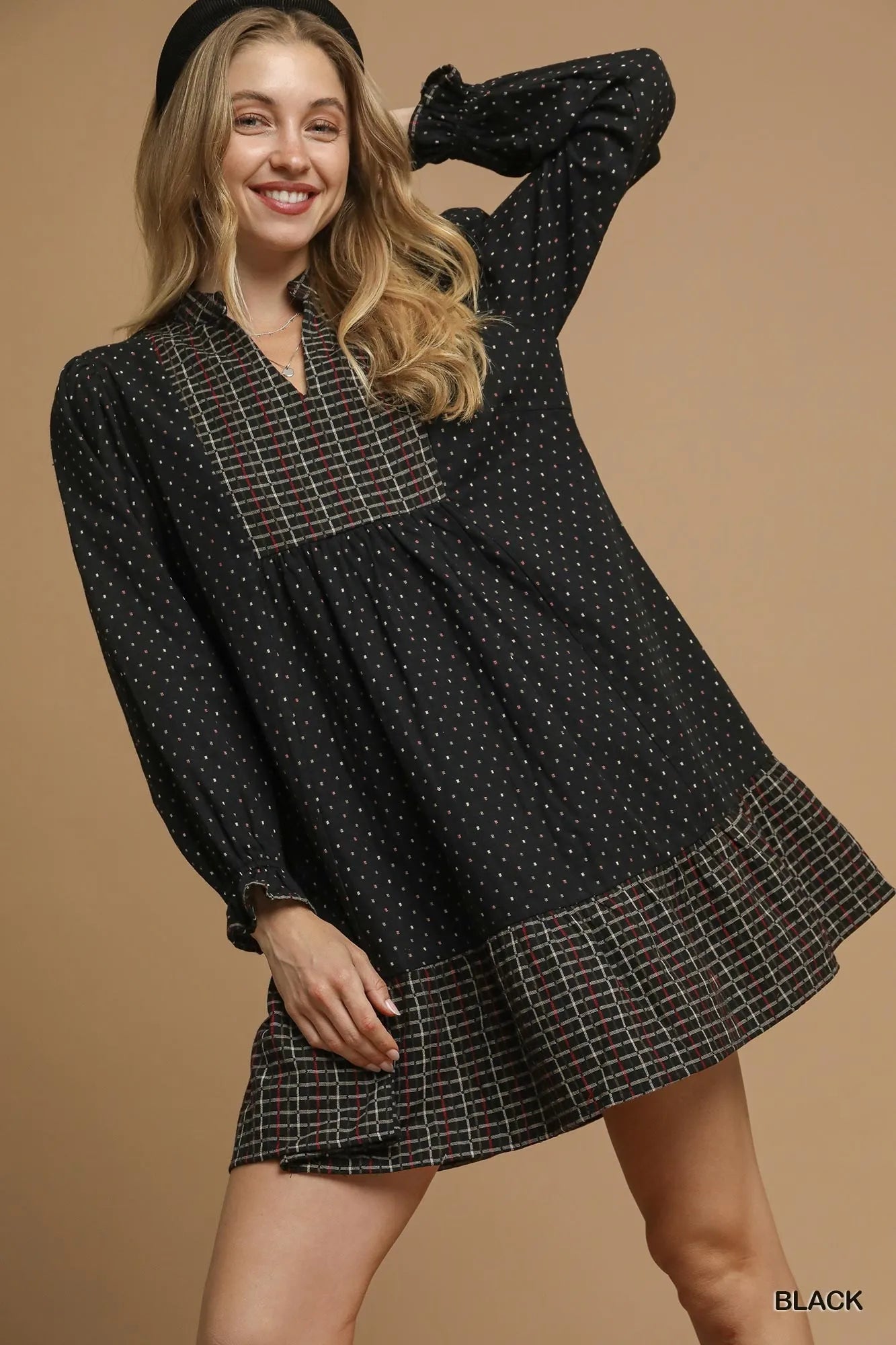 Umgee Polka Dot Plaid Trim Babydoll Dress - Farnelli