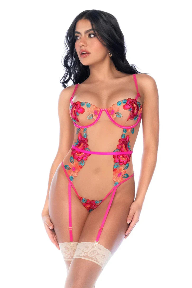 Lavinia Mapale Wild Flower sheer mesh bodysuit featuring floral lace details and a fitted, see-through design.