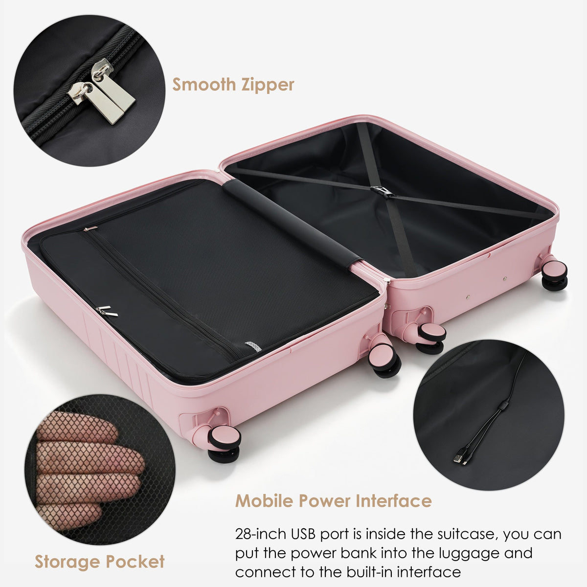 HouseOfZazla 4-piece hard case luggage set with USB charging ports