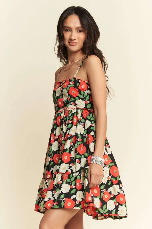 Davi & Dani Floral Scalloped Cutout Back Mini Dress - Farnelli