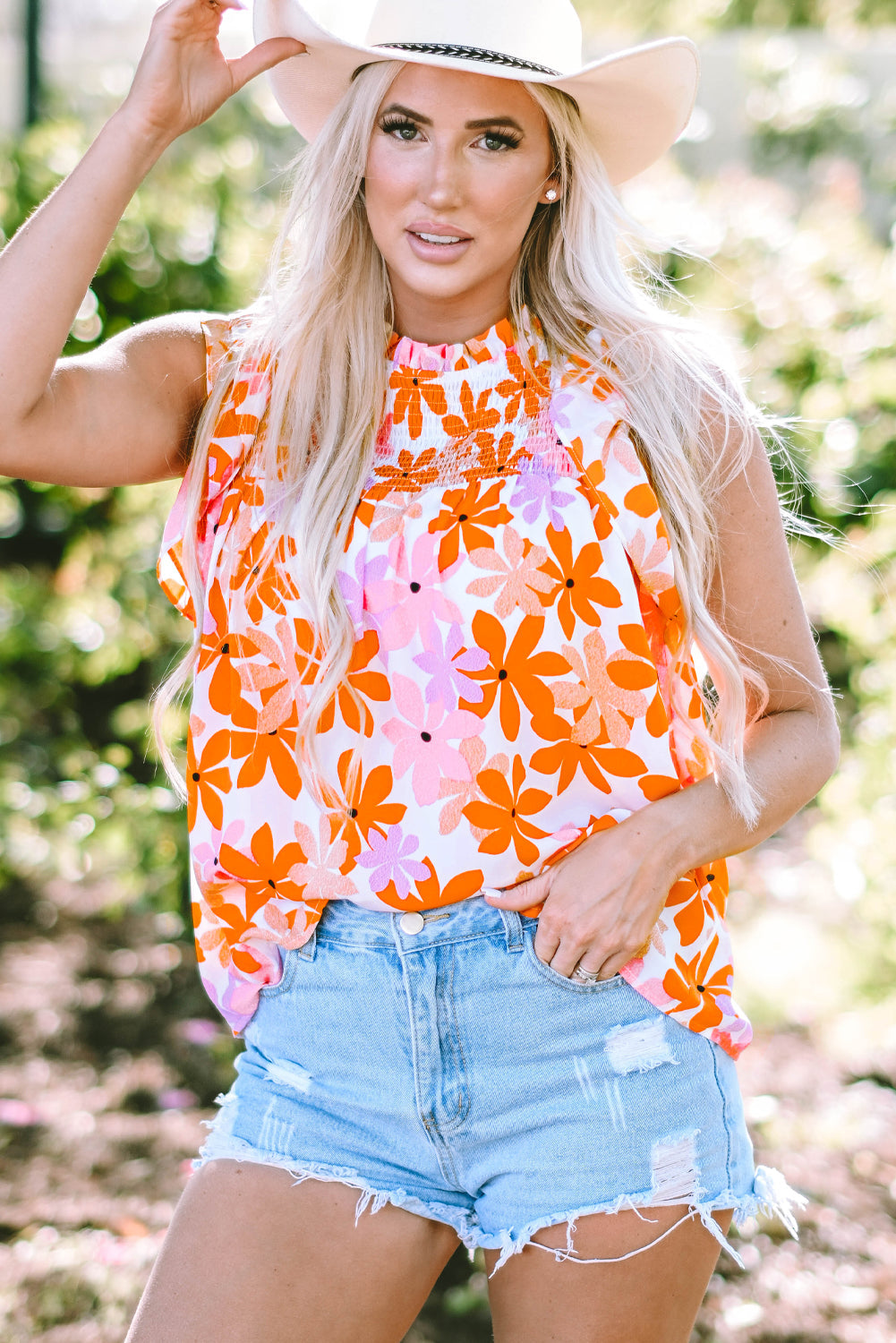Alison Ruffled Sleeve Smocked Floral Top - Farnelli