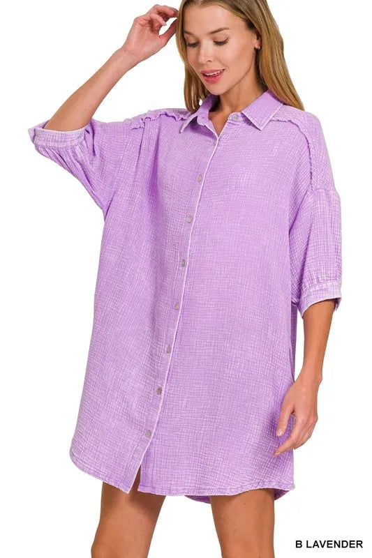 Zenana Washed Double Gauze Button Down Shirt Dress - Farnelli