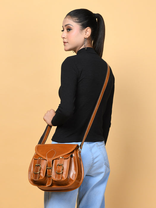 Classy Leather Bags 2-pocket leather sling crossbody bag for women, shown in a compact everyday design