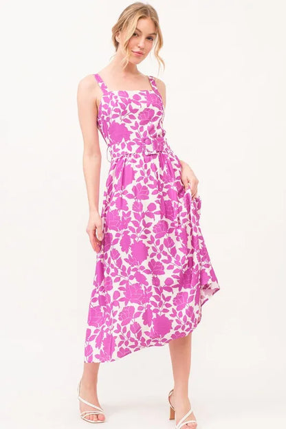 And The Why Square Neck Belted Floral Printed Midi Dress - Farnelli