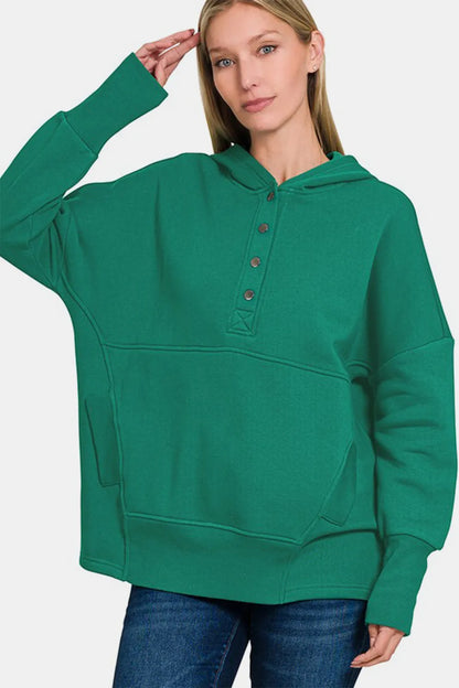 Zenana Half Snap Long Sleeve Hoodie with Kangaroo Pocket - Farnelli