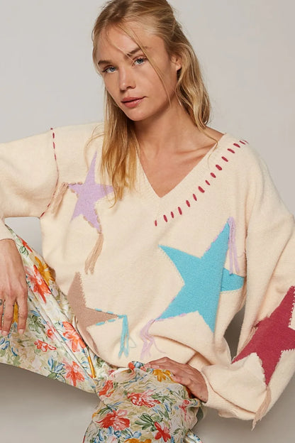 POL V-Neck Long Sleeve Star Fringe Sweater - Farnelli
