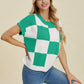 Double Take Full Size Checkered Round Neck Short Sleeve Sweater - Farnelli