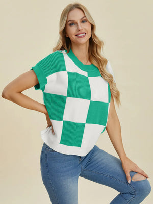 Double Take Full Size Checkered Round Neck Short Sleeve Sweater - Farnelli