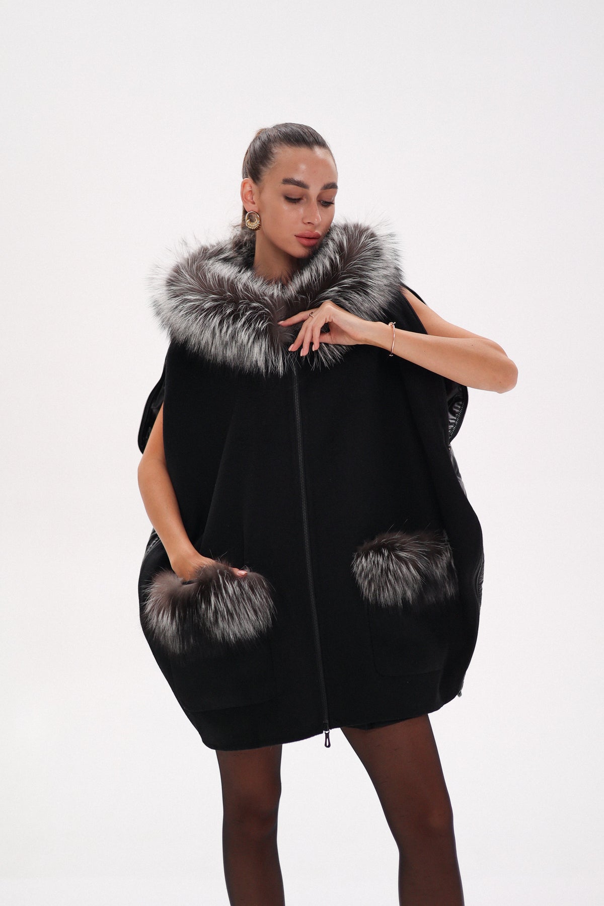 Alaska Outerwear Company black Saga Furs silver fox wool cashmere poncho vest coat