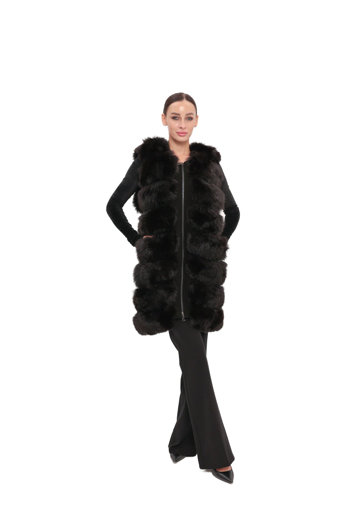 Genuine Polar Fox fur vest by Alaska® Outerwear Company, 90 cm length with plush white fur texture