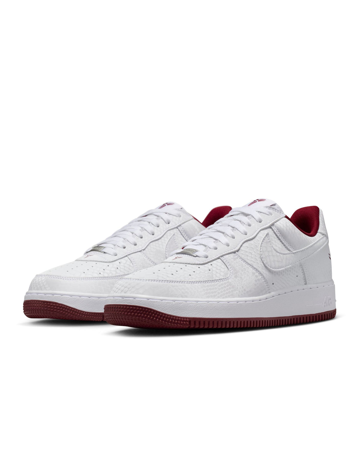 Nike Men's Kobe Air Force 1 Low sneakers in white and team red, showing the side view of the athletic footwear.