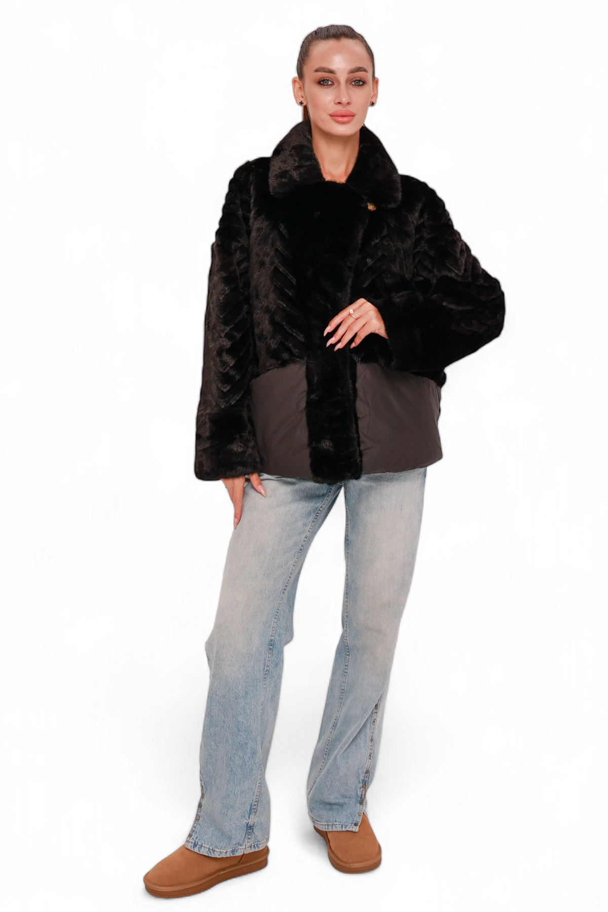 Alaska® Outerwear Kaia Eco-Fur Down Fill Coat in black, showcasing a stylish insulated winter coat with eco-fur collar.