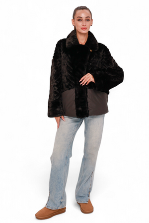 Alaska® Outerwear Kaia Eco-Fur Down Fill Coat in black, showcasing a stylish insulated winter coat with eco-fur collar.