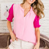 BiBi Air Flow Color Block Puff Sleeves V Neck Top - LT.PINK/HOT PINK