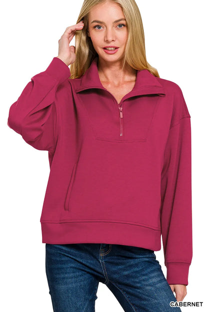 Zenana Scuba Half Zip Sweatshirt with Pockets - Farnelli