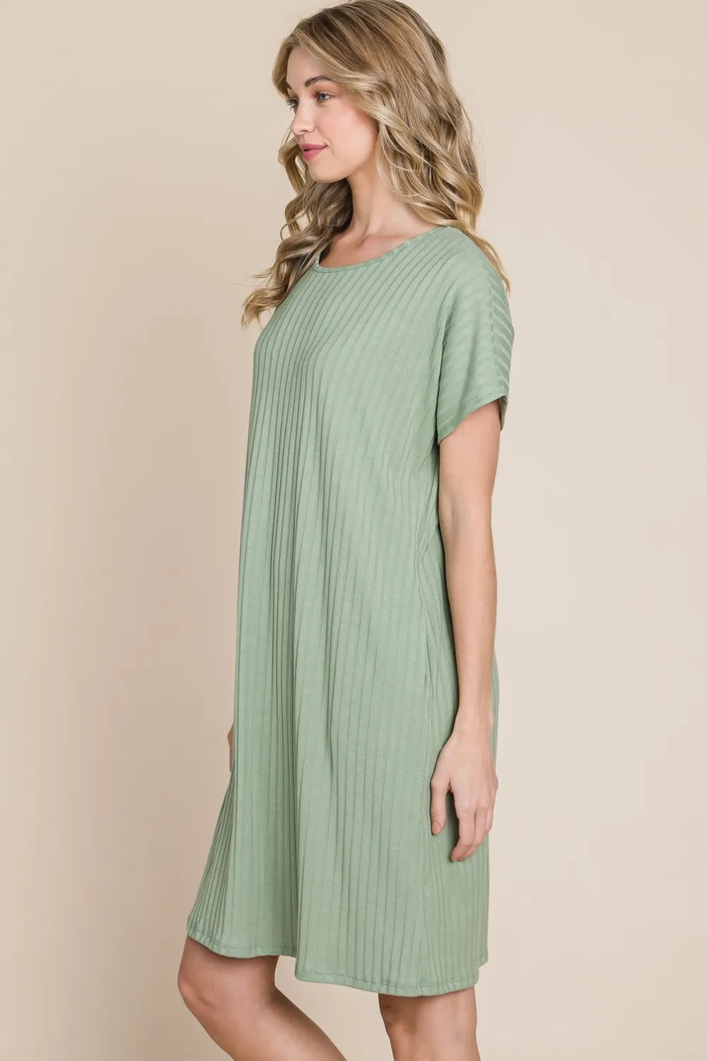 BOMBOM Ribbed Round Neck Short Sleeve Dress - Farnelli