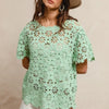 BiBi Openwork Crochet Short Sleeve Knit Top - LT GREEN