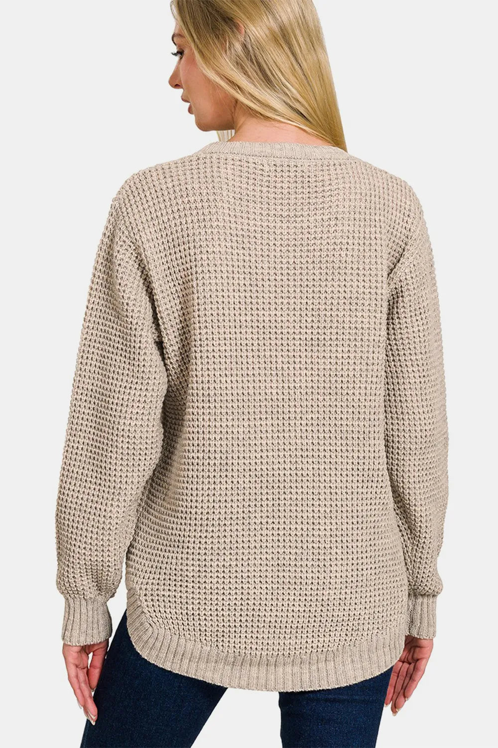 Zenana High Low Long Sleeve Waffle Sweater - Farnelli