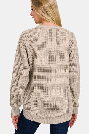 Zenana High Low Long Sleeve Waffle Sweater - Farnelli