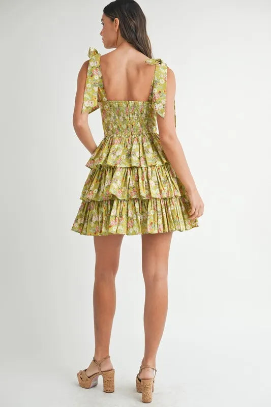MABLE Floral Print Shoulder Tie Layered Mini Dress - Farnelli