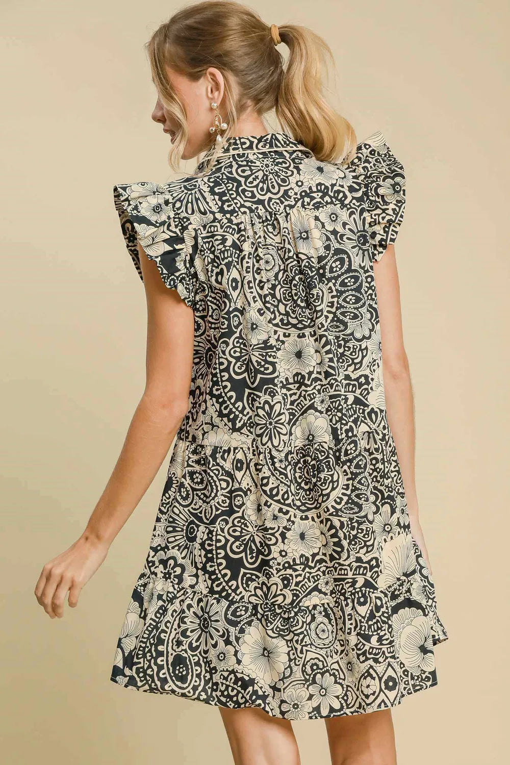 Umgee Full Size Printed Ruffle Cap Sleeve Babydoll Dress Plus Size - Farnelli