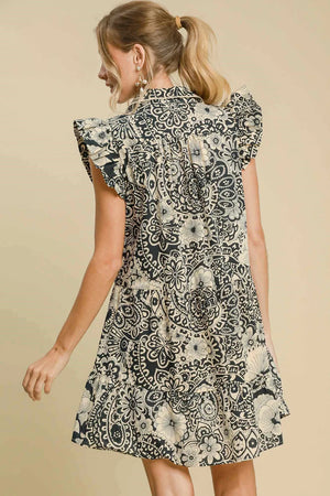 Umgee Full Size Printed Ruffle Cap Sleeve Babydoll Dress Plus Size - Farnelli