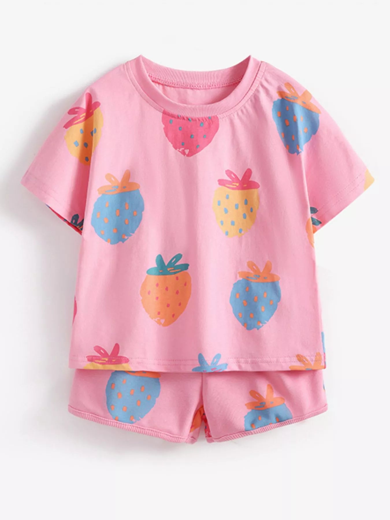 Children's Strawberry Print Round Neck Tee and Shorts Set - Farnelli