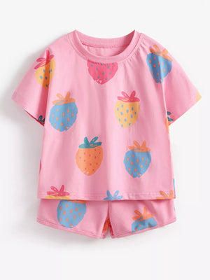 Children's Strawberry Print Round Neck Tee and Shorts Set - Farnelli